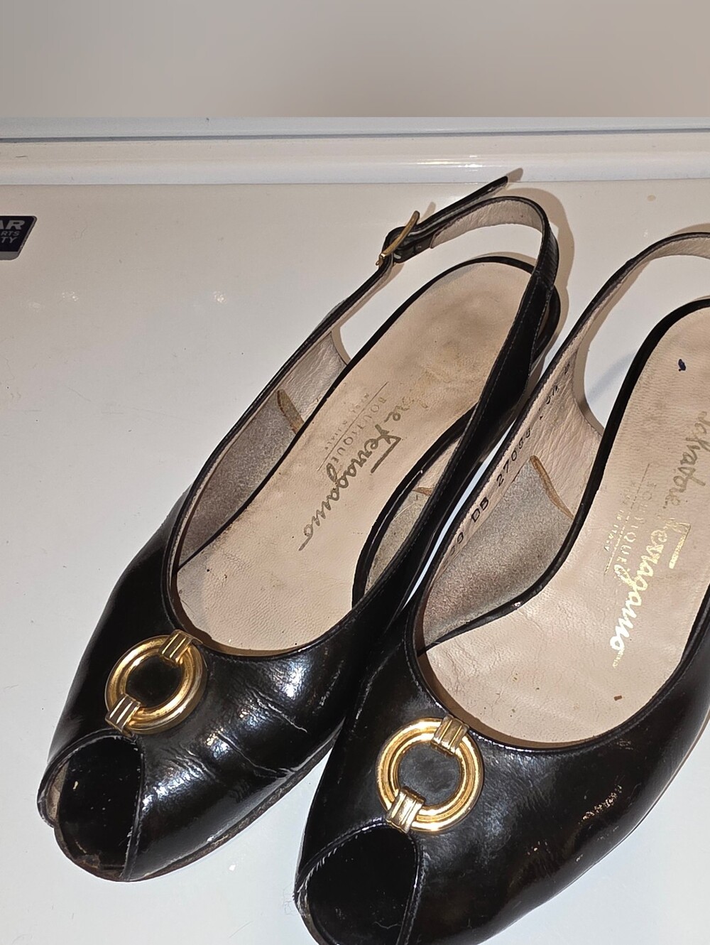 Vintage Salvatore Ferragamo Blk Leather Peep-Toe Slingback Flats w/ Gold Accent